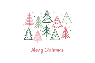 Doodle christmas tree card. Doodle fir-trees snow season concept. Vect