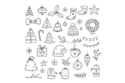 Winter holiday doodle set. Sketch christmas gift boxes, santa hats, an