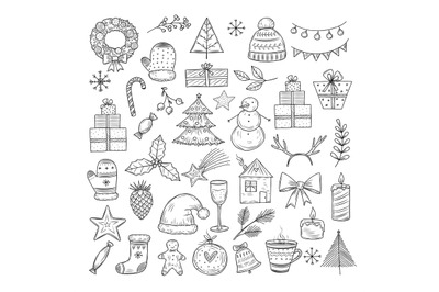 Christmas doodle set. Sketch christmas wreath, fir-tree and snowman, c