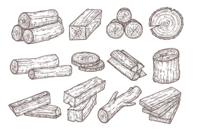 Sketch lumber. Wood logs, trunk and planks. Forestry construction mate