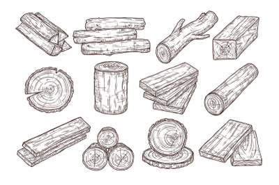 Hand drawn lumber. Sketch wood logs, trunk and planks. Stacked tree br