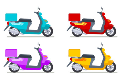 Color scooters set. Motorbike delivery vehicles. Detailed motorcycling