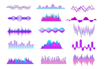 Sound waves. Color music wave, audio tune waveform pulse. Radio voice,