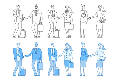 Business people characters. Business handshake. Line flat man woman, p