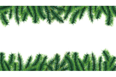 Christmas tree border. Holiday banner&2C; vector fir tree branches isolat