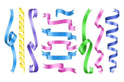 Color ribbons. Vector rolled ribbons collection. Party decorations, wr