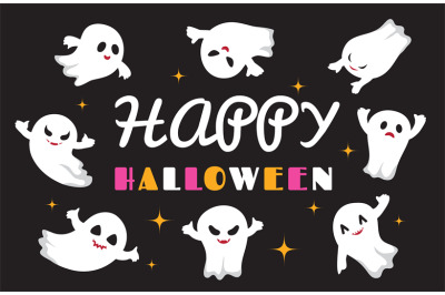 Cute ghosts. Flat ghost vector character. Happy Halloween background