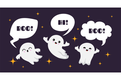 Cute happy ghosts. Flat ghost vector character. Halloween boo backgrou