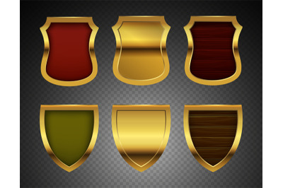 Medieval shields. Realistic vector metal shields with wooden boards is