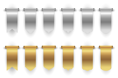 Metal banners. Gold silver ribbon isolated on white background. Hangin