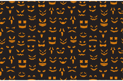 Pumpkin faces seamless pattern. Halloween jack o lantern face silhouet