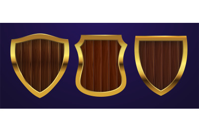 Realistic shields. Vector medieval shields with metal and wood. Herald