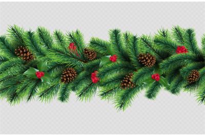 X-mas border. Christmas tree garland with cones and red berries. Vecto