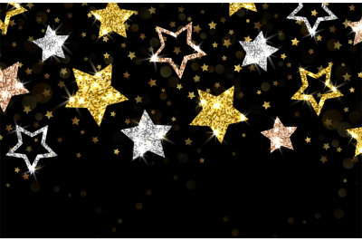 Christmas background. Gold stars vector banner. Shining silver gold br