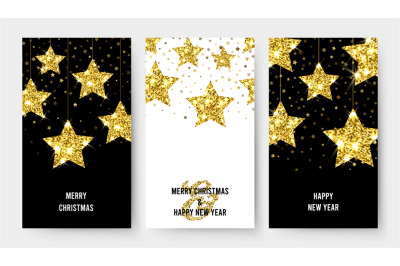 Christmas banners. Gold stars vector flyers. X-mas and New Year design