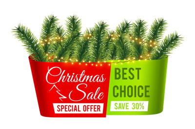 Christmas sale banner. Christmas tree branches advertising background.