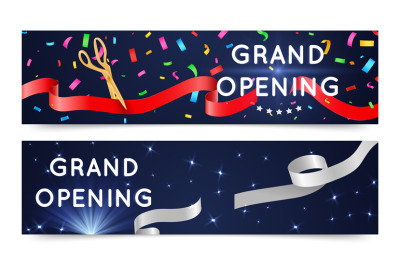 Grand open banners. Opening ceremony ribbons. Vector cutting silk ribb