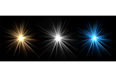 Light effects. Vector light stars. Glow bursts isolated on black backg