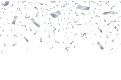 Silver confetti. Celebrate birthday flying silver ribbons. Party holid