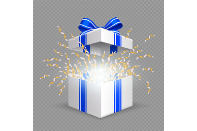 Surprise box. Opening gift box with blue silk ribbon bow. Vector Chris