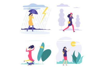 Four seasons. Woman various weather illustration. Vector autumn summer