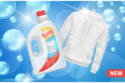 Laundry detergent advertising. Realistic bottle detergent. Washing clo