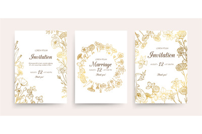 Wedding invitation cards. Floral wedding flyers with wildflowers. Hand