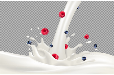 Yogurt splash. Berries milk flow and milk splash vector on transparent