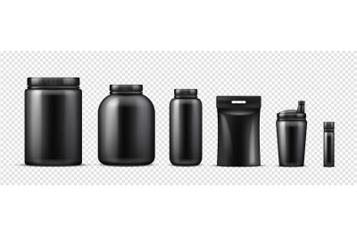 Black protein bottles mockup. Vector realistic sport nutrition contain