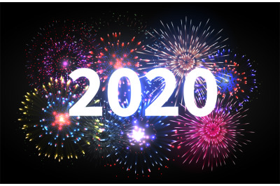 Fireworks explosion. Happy new year 2020 event banner. Pyrotechnics sp