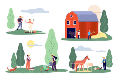 Flat farmers. Harvest time, farm flat vector concepts. Agricultural wo