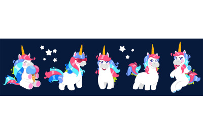 Funny unicorn. Vector cartoon unicorn collection. Cute white magic pon