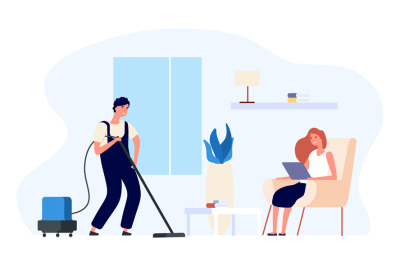 Man vacuums. Man cleans house illustration. Happy flat couple, daily r