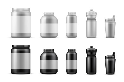 Sport food containers. Realistic drink bottles. Vector protein powder