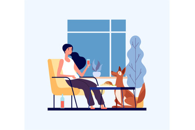 Home dinner concept. Girl with her dog in living room. Pet lover chara