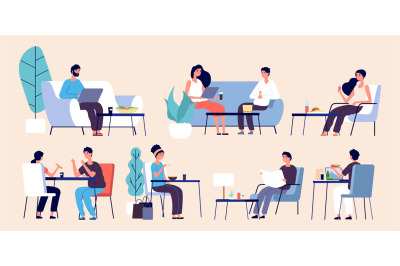 People eating. Women men relax with food. Flat vector people in restau