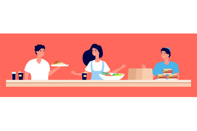 Reataurant staff. Fast food workers with dishes and drinking. Vector c