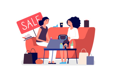 Woman shopping. Girls discuss purchases. Sale, discount flat vector co