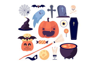 Halloween set. Spider web and pumpkin, bat and coffin, grave and moon,