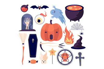 Halloween set. Spiderweb and pumpkin&2C; bat and coffin&2C; grave and moon&2C;