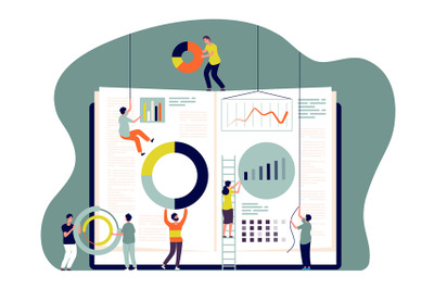 Collaboration concept. People insert charts into book, employees build