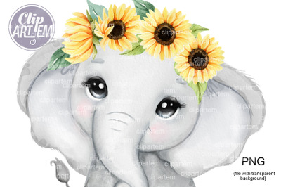 Girl Sunflower Elephant Watercolor PNG Gray Yellow Image