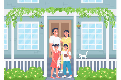 Happy family posing on house patio flat color vector illustration