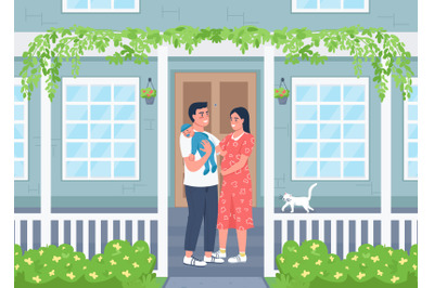 Young happy family outside new home flat color vector illustration