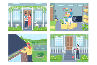 Residential life&2C; spring home cleaning flat color vector illustration