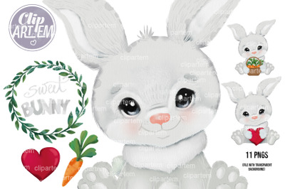 Watercolor Neutral Baby Bunny / Rabbit clip art set of 11 PNGs images
