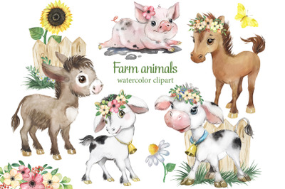 Farm animals watercolor clipart. Little cow, donkey, baby goat, foal.