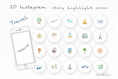 Watercolor travel instagram highlight icons