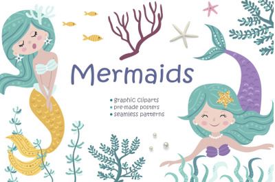 Mermaid Clipart &amp; Pattern