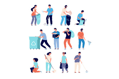 People collect garbage. Men and women cleaning environment nature, per